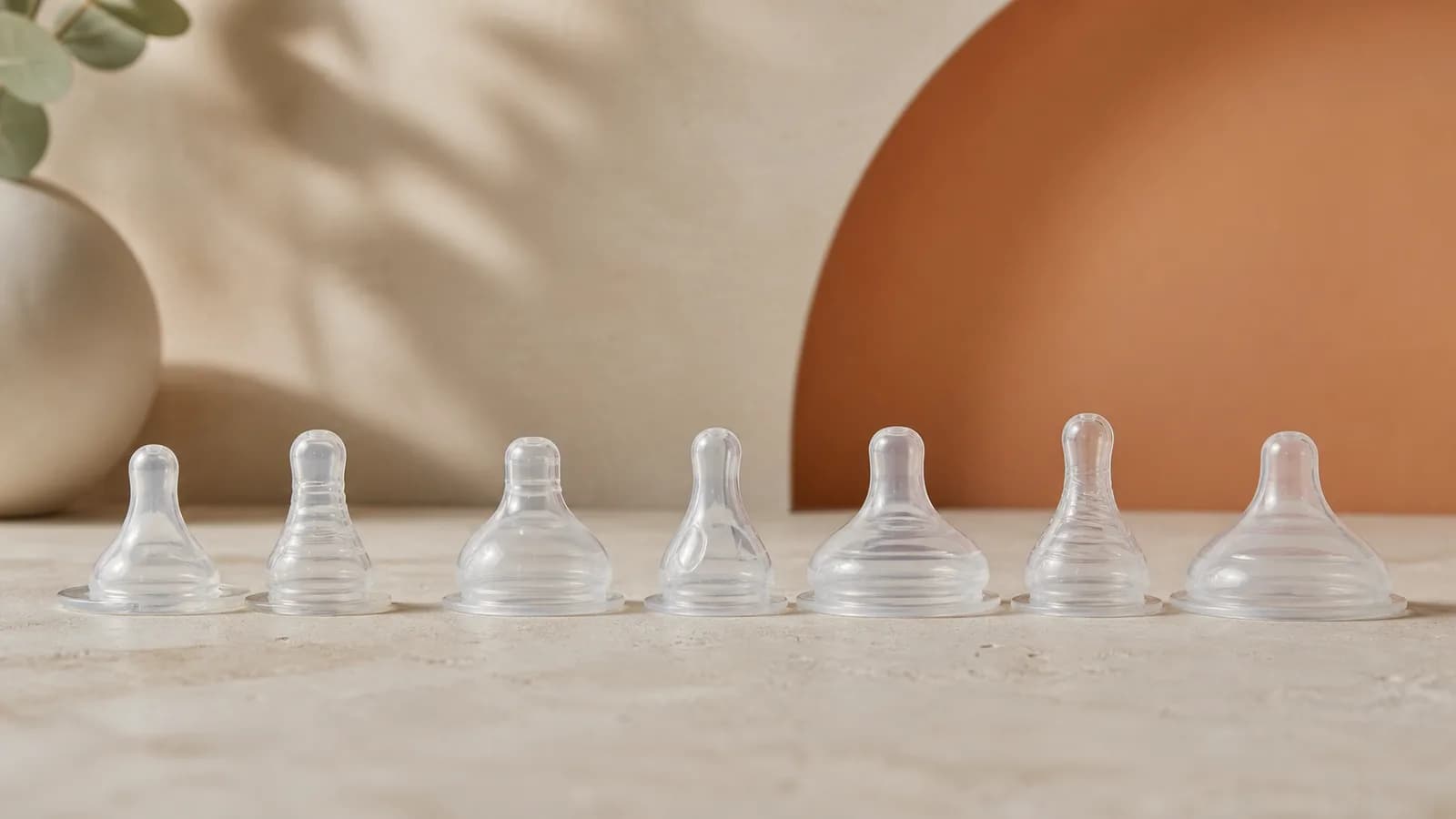 Seven unbranded silicone baby bottle nipples arranged from small to wide on a cream and orange background
