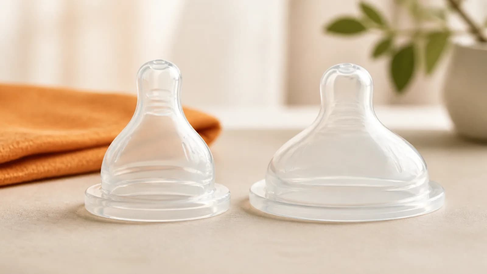 Generic standard-neck and wide-neck silicone bottle nipples side by side on a cream surface