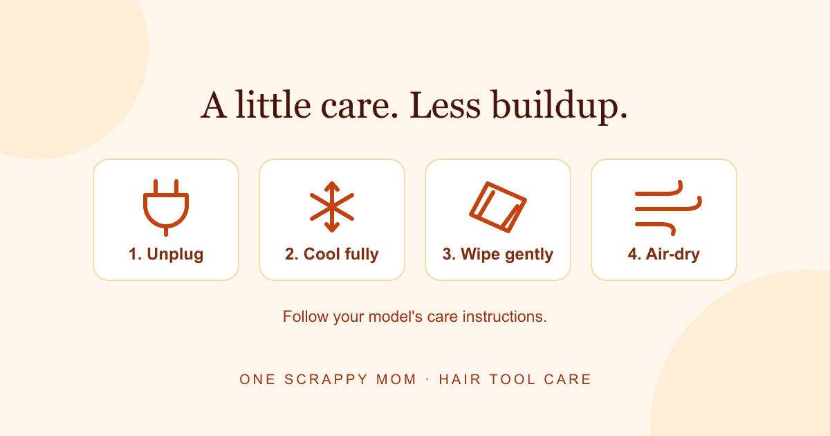 Flat iron care diagram: unplug, cool completely, wipe gently, and air-dry