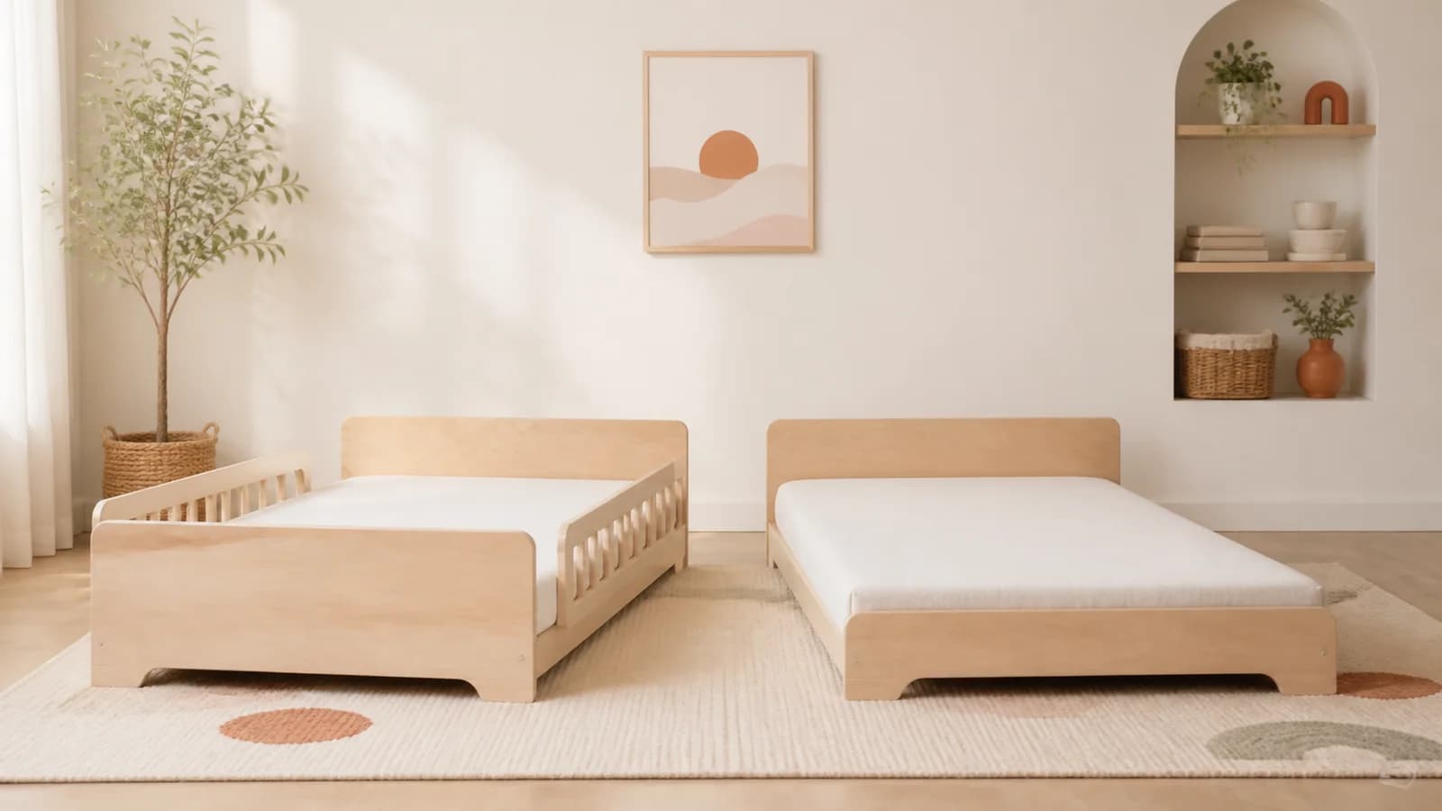 Two low toddler floor beds shown side by side, one with a partial wood rail and one open-sided