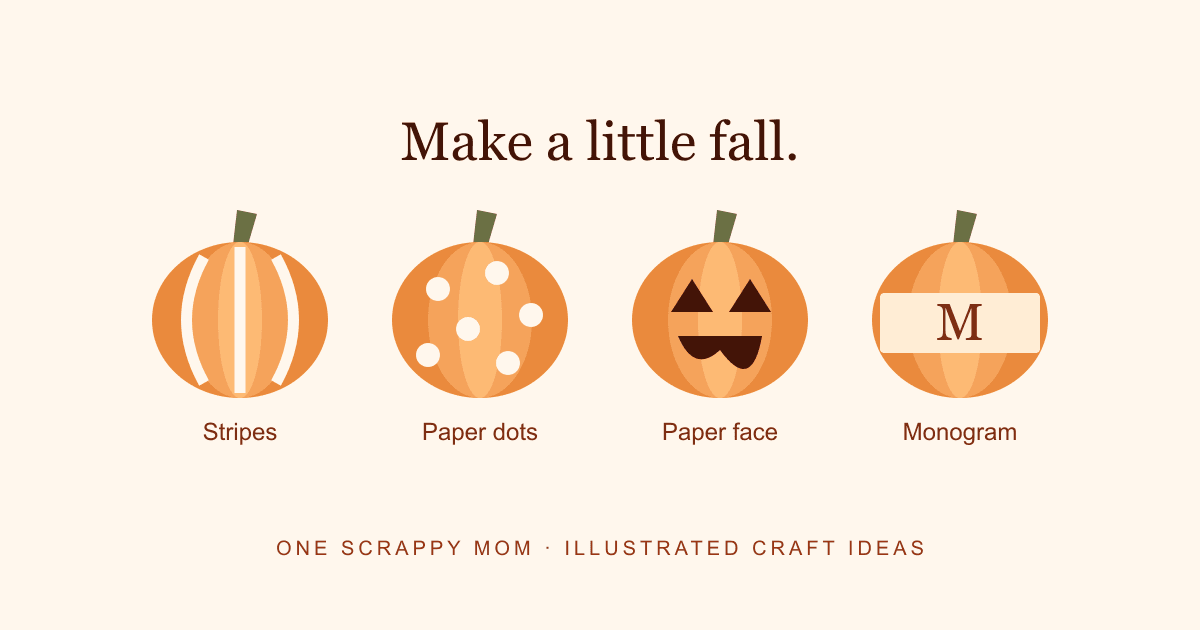 Illustrated foam pumpkin design ideas: stripes, dots, a face, and a monogram