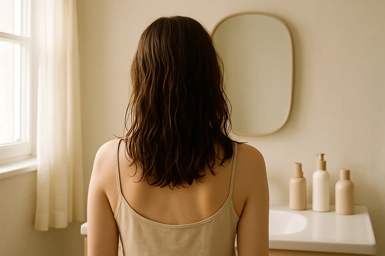 Woman seen from behind in a cozy bathroom with damp hair over her shoulders in soft natural light