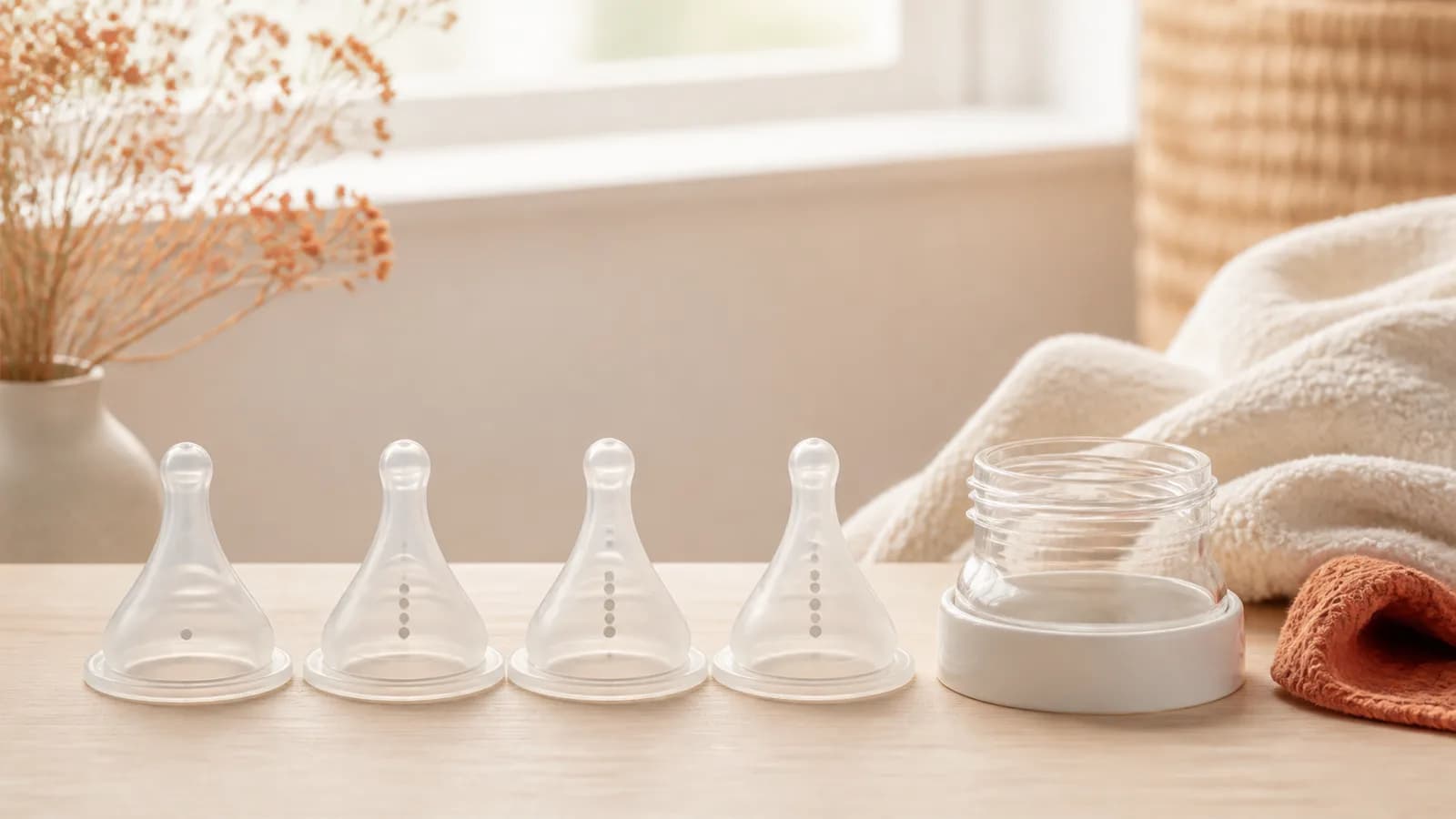 Four unbranded silicone bottle nipples and a clear collar arranged on a warm cream nursery surface