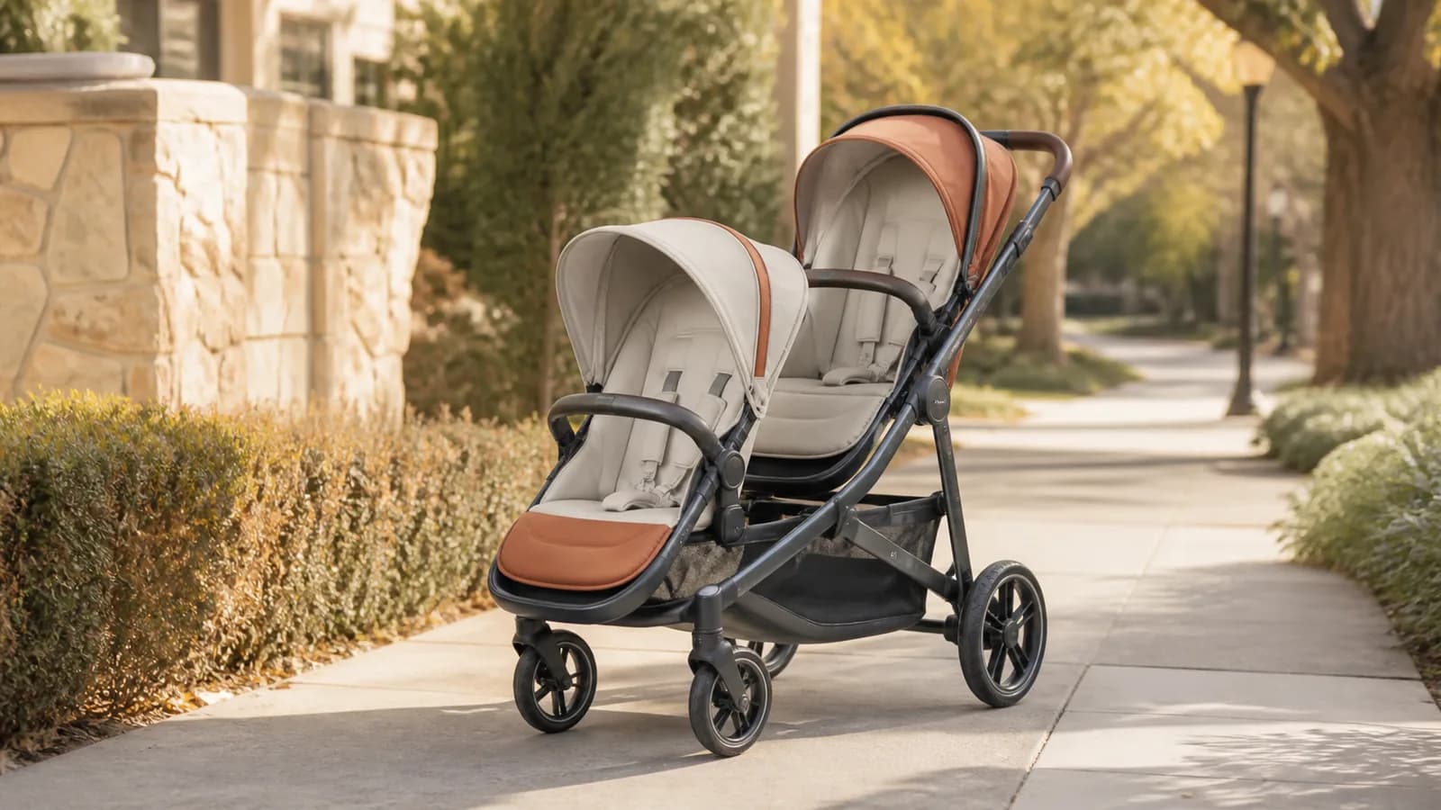 Unbranded modular single-to-double stroller with two empty seats on a warm neighborhood path