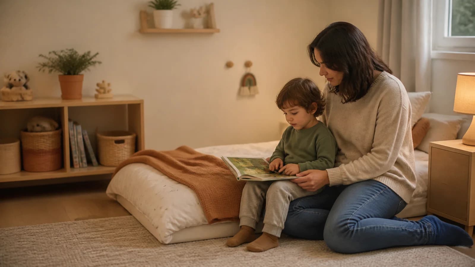 Parent reading with an awake toddler beside a low floor bed in a calm bedroom