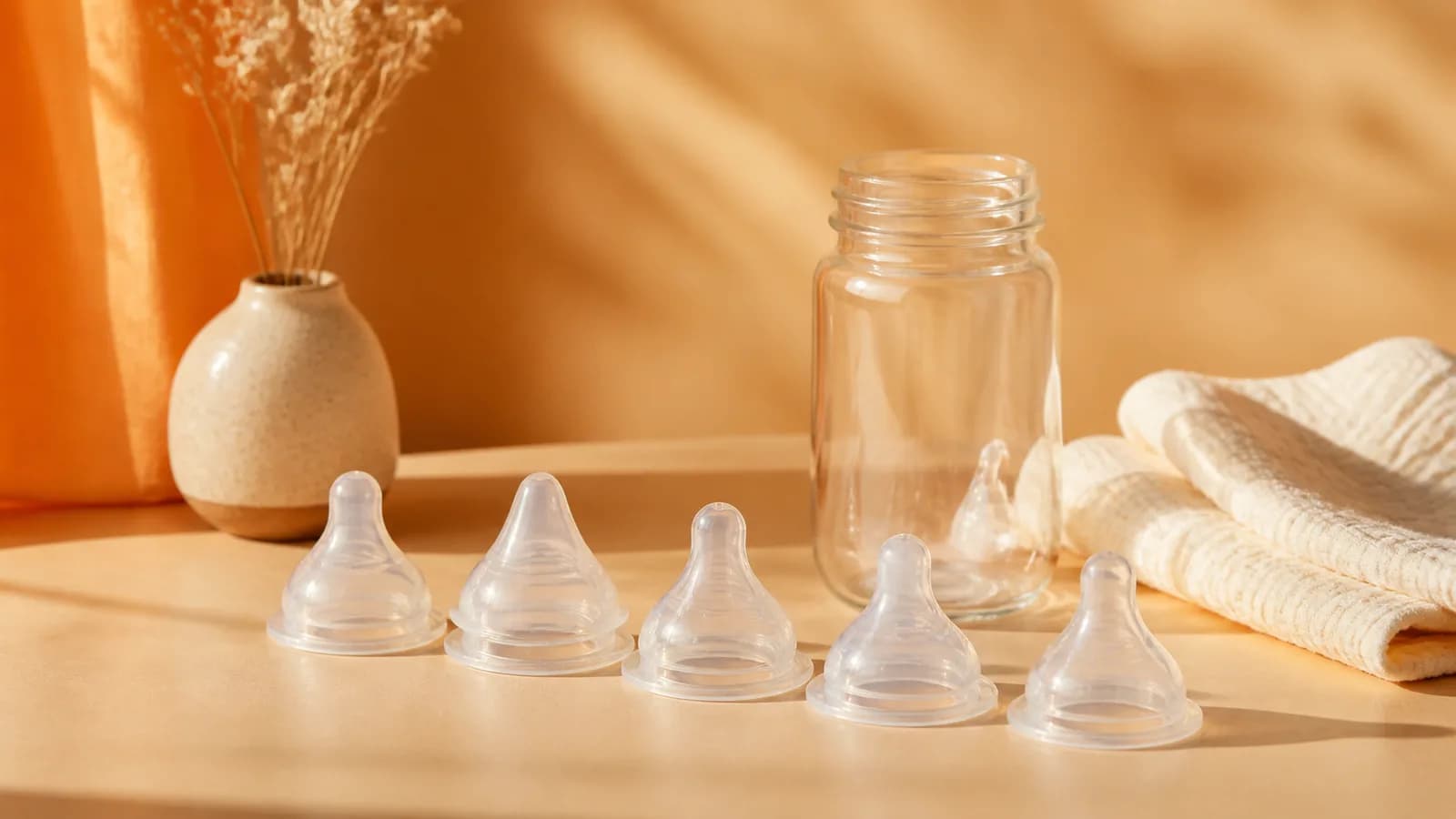 Five unbranded wide-neck silicone bottle nipples arranged beside a clear bottle