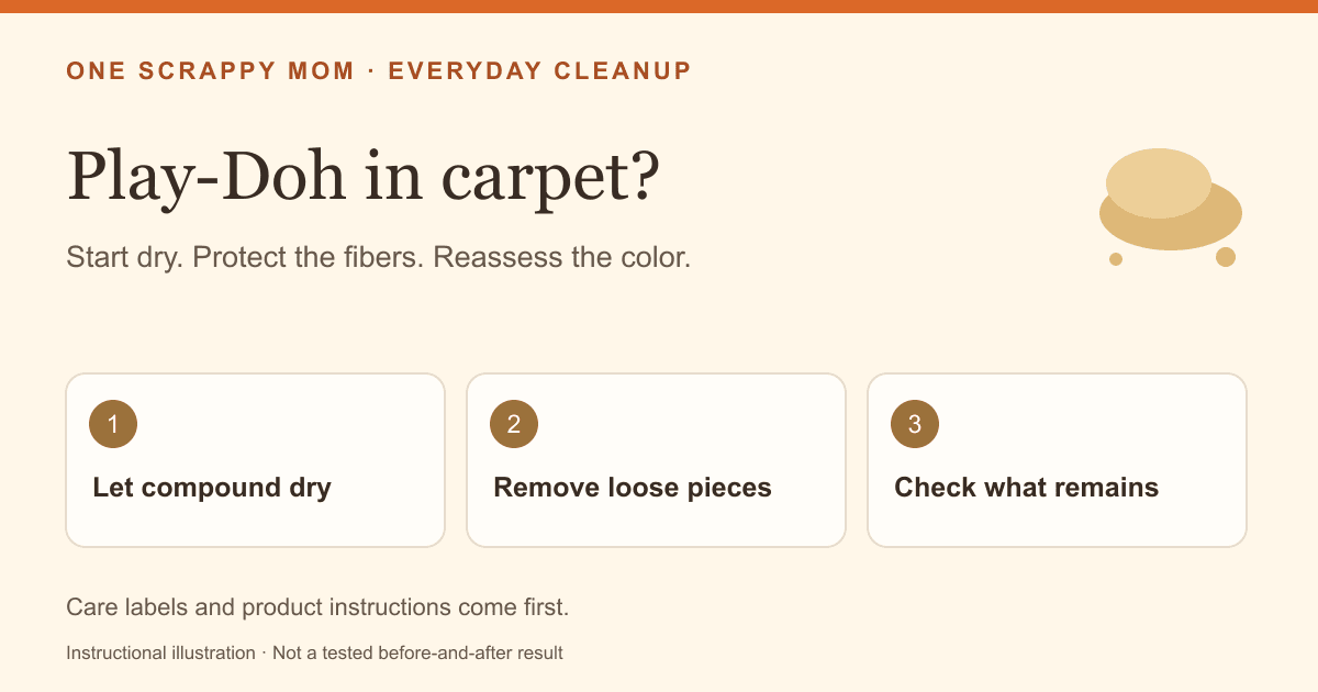 Illustrated Play-Doh carpet guide: let compound dry, remove loose pieces, reassess remaining color