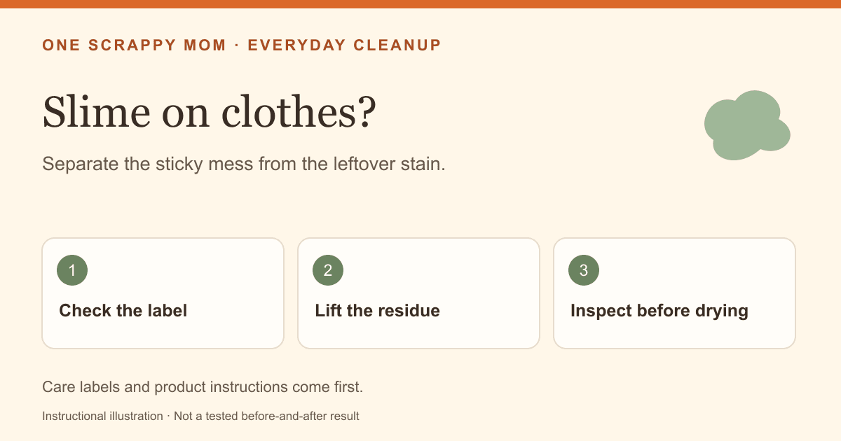Illustrated slime cleanup decision guide: check the label, lift residue, then inspect before drying