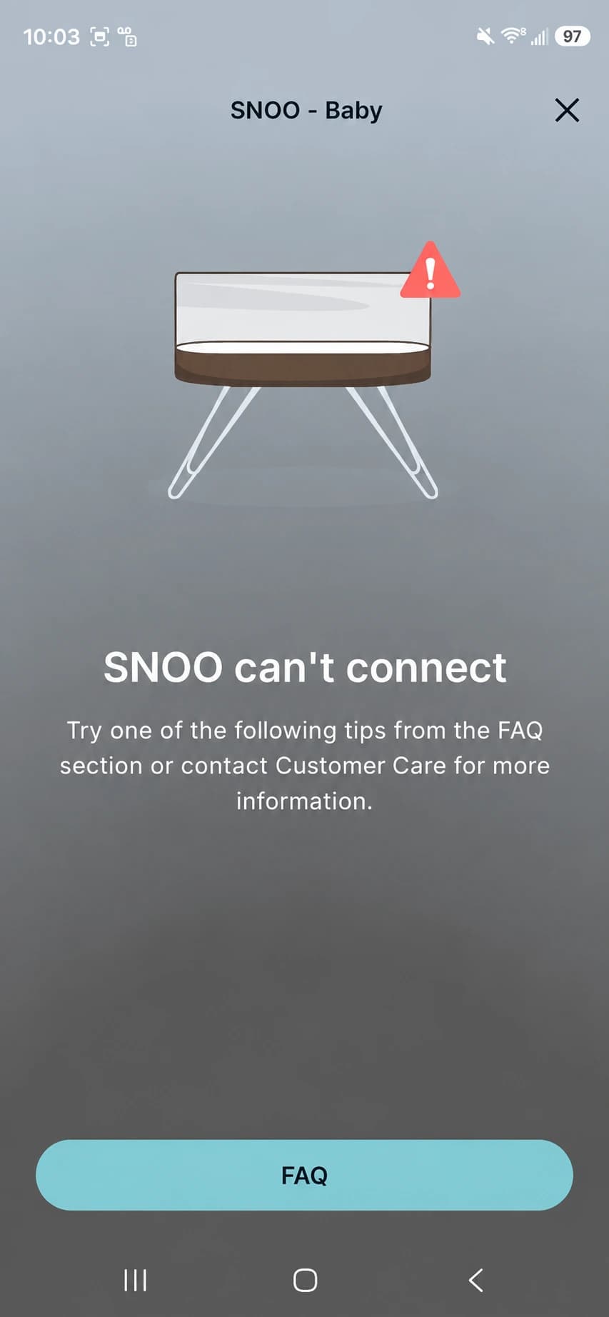 SNOO app showing the SNOO can't connect error for Baby