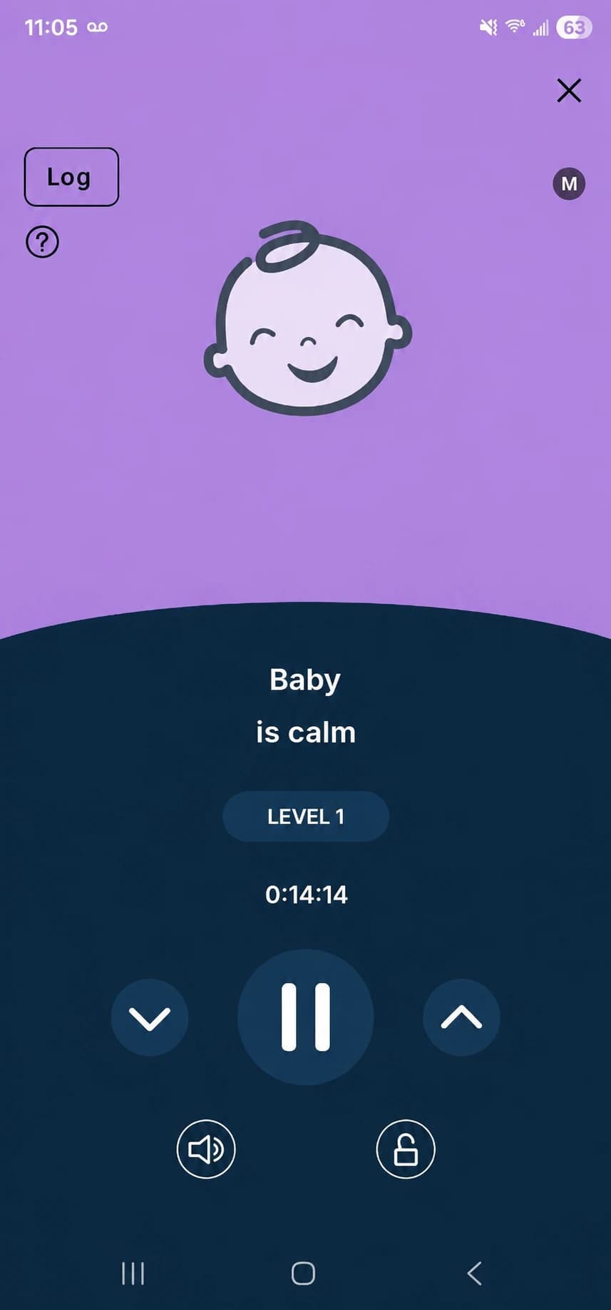 Purple SNOO app screen showing Baby is calm and Level 1
