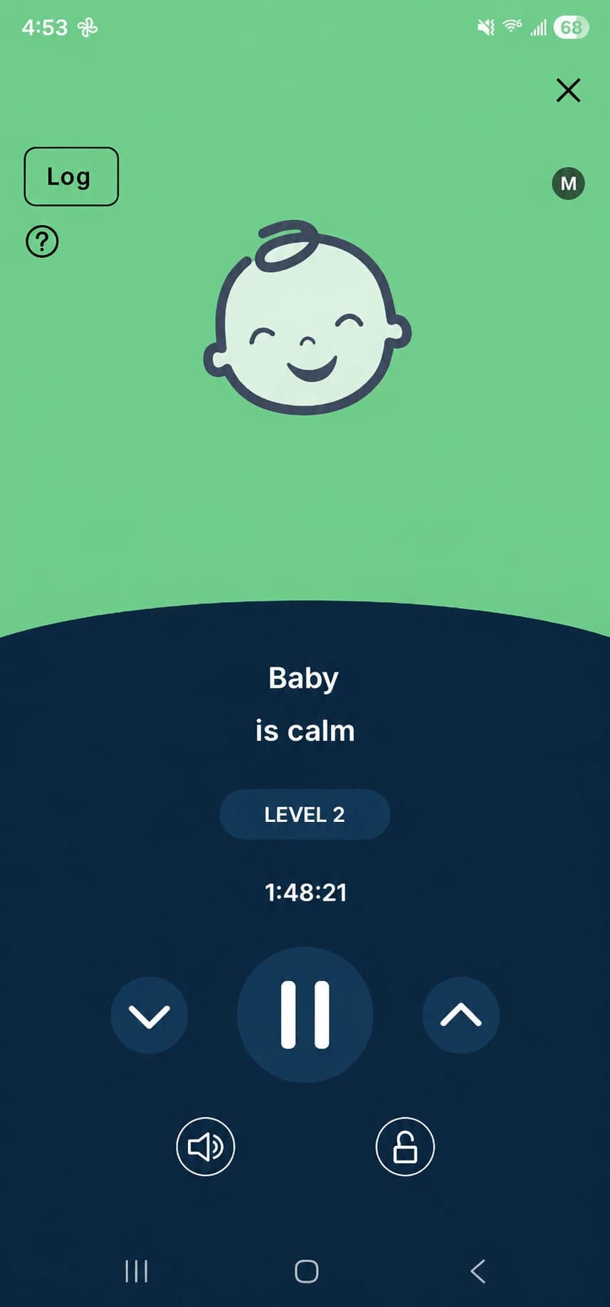Green SNOO app screen showing Baby is calm and Level 2