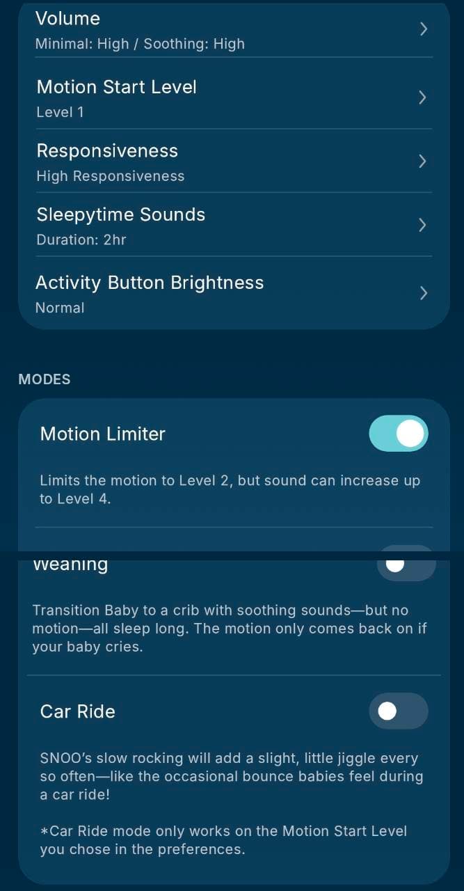 SNOO settings showing Weaning below Motion Limiter