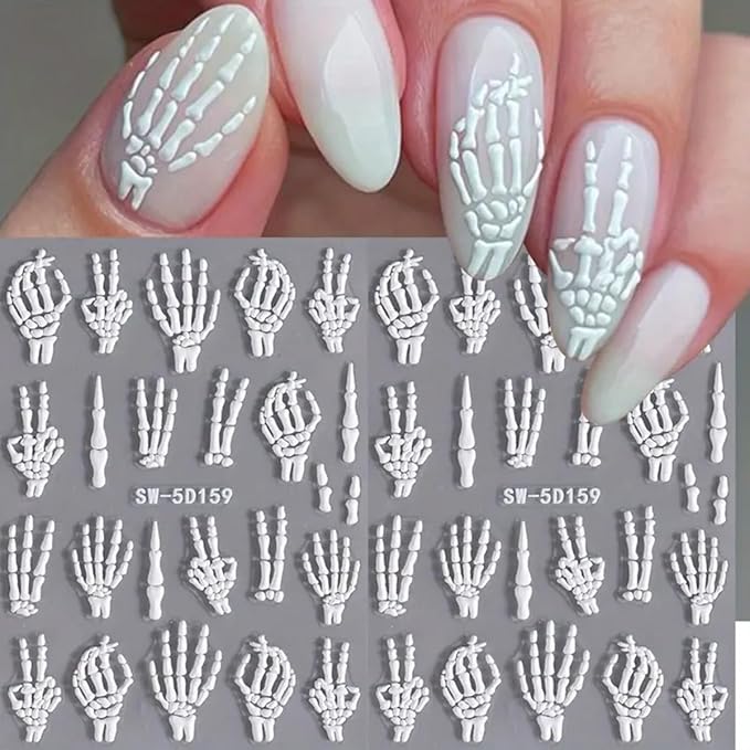 POWPOP Halloween nail stickers 5D embossed skeleton spider web white gold design