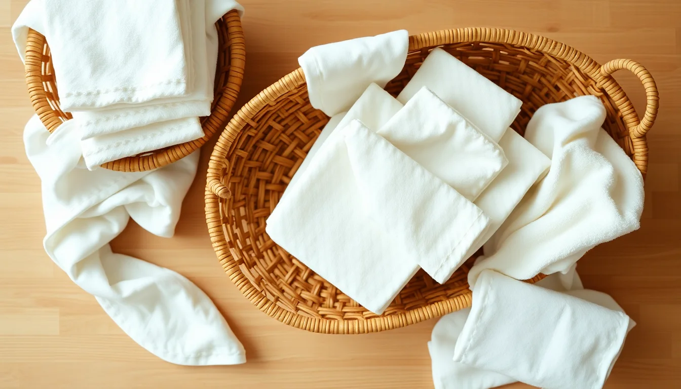 Folded baby washcloths and towels beside a woven laundry basket