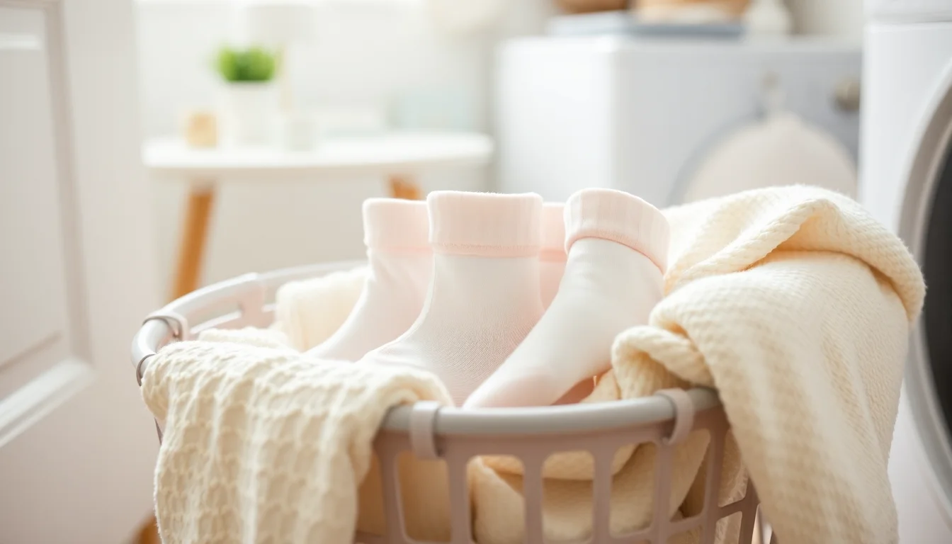Clean baby socks and burp cloths in a laundry basket