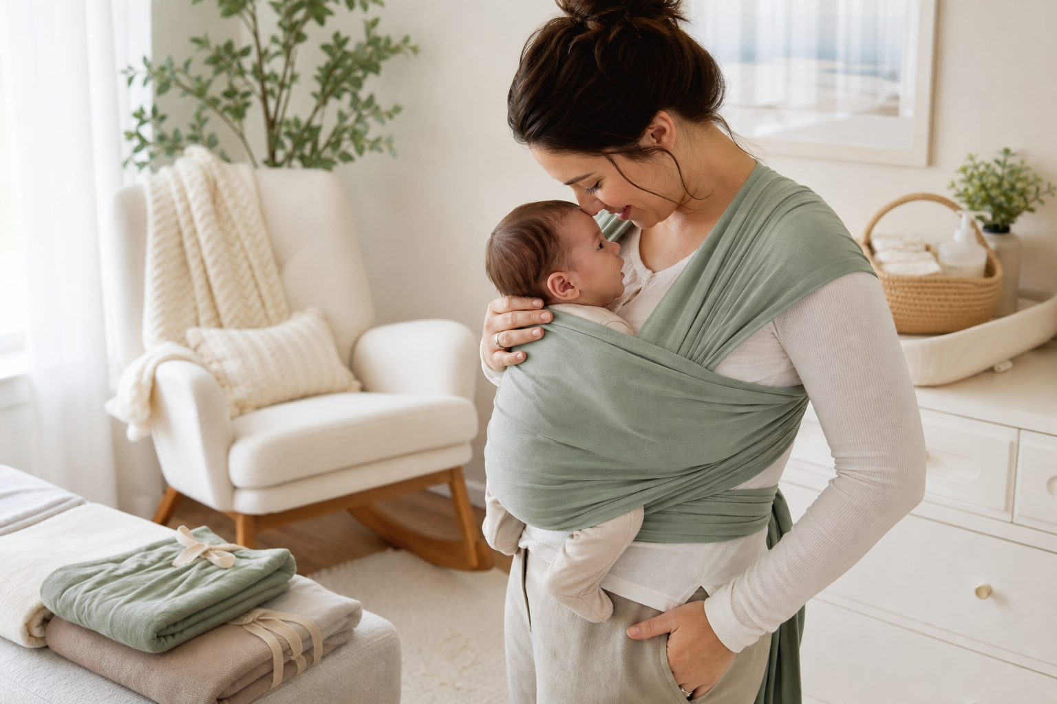 A parent safely wearing a newborn in a soft sage green baby carrier wrap in a calm nursery.