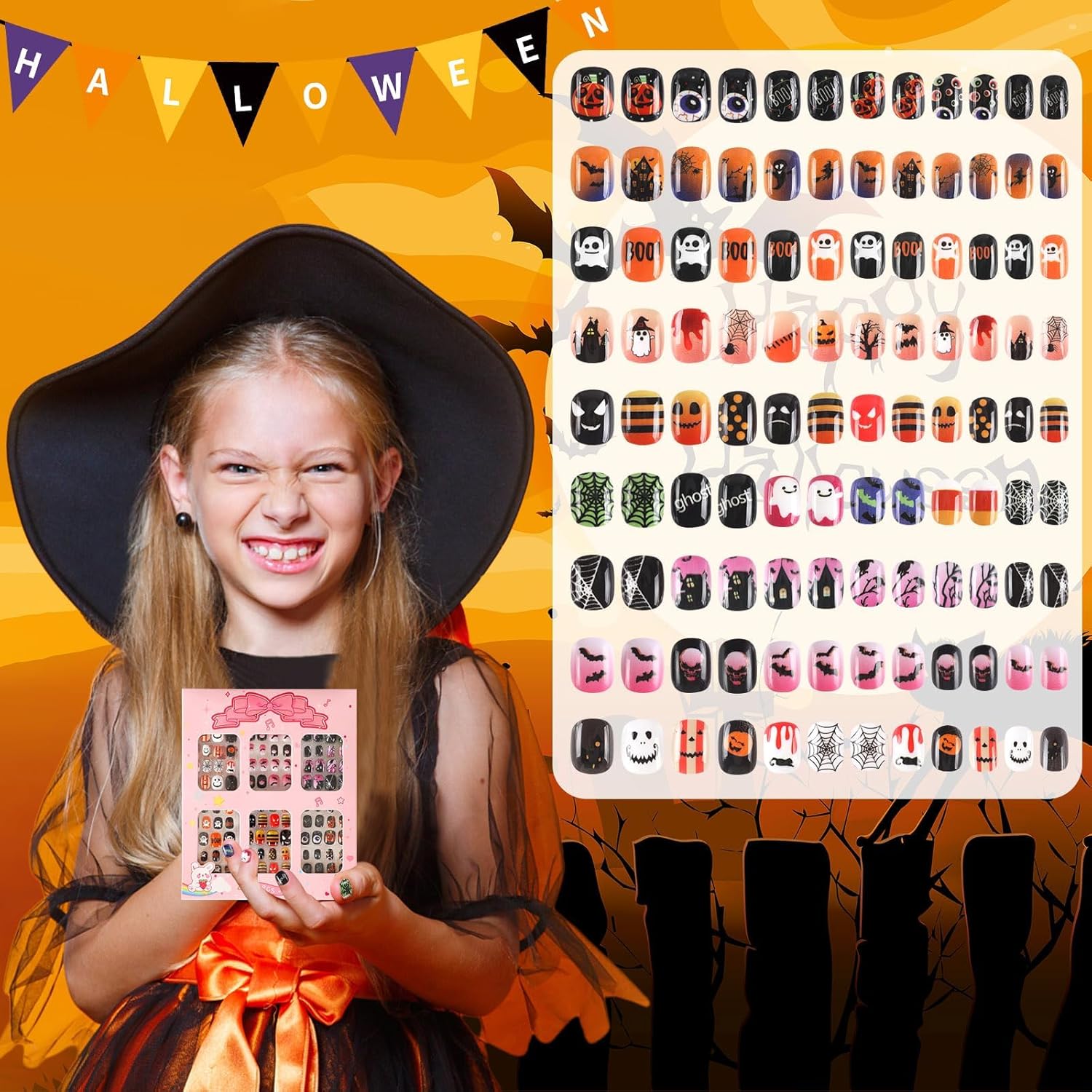 BOARDFEB Halloween press-on nails for kids 216 pieces with bats ghosts pumpkins