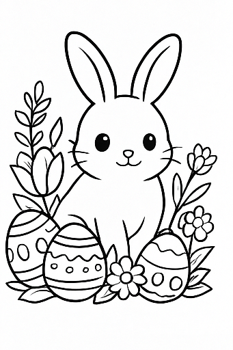 Bunny coloring page with Easter eggs and spring flowers