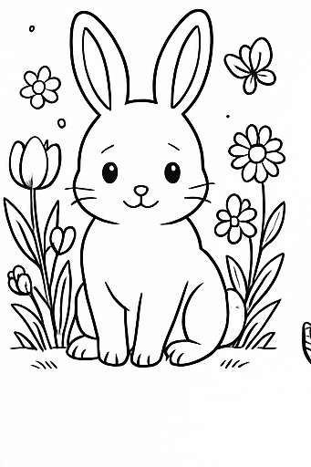 Bunny coloring page surrounded by spring flowers and garden scene