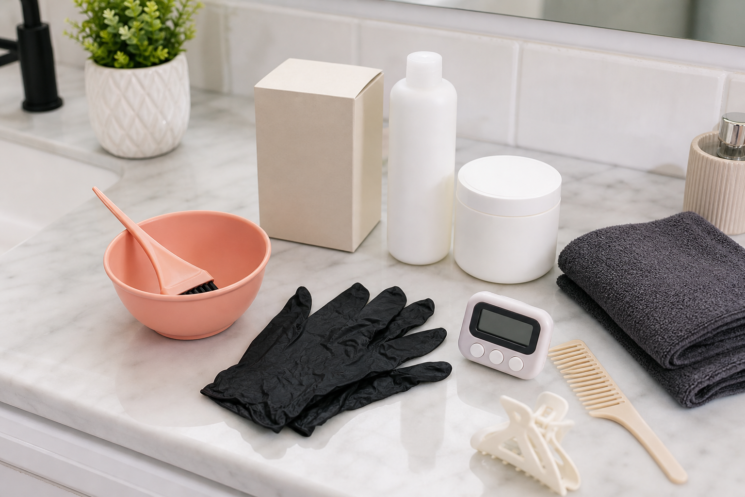 Hair color remover supplies with gloves, mixing bowl, tint brush, towel, and bottles on a bathroom counter.