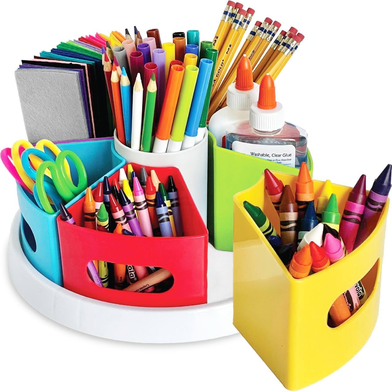 Hapinest rotating art supply organizer with removable colorful cups for crayons, markers, and pencils