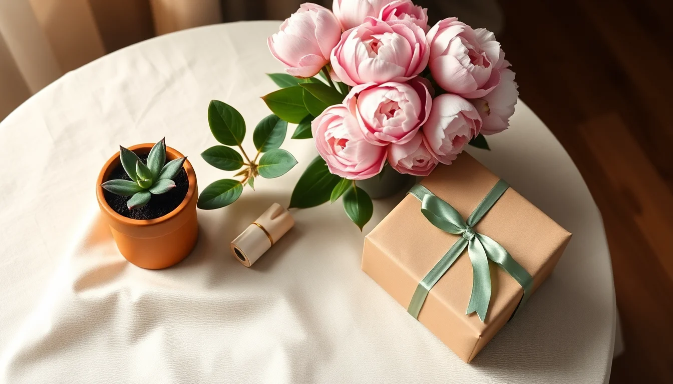 A small potted succulent next to a wrapped kraft-paper gift and a bouquet of peonies on a cream linen tablecloth