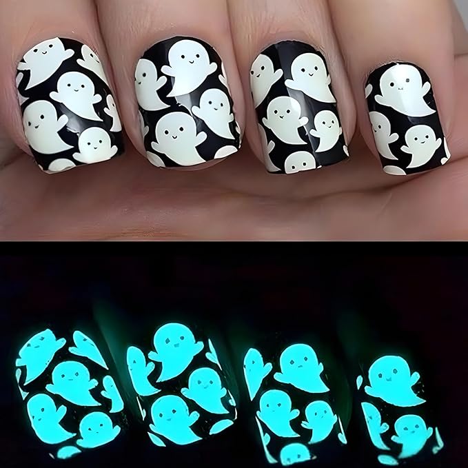 GRITOSE Halloween press-on nails glow-in-the-dark short square with cute ghost designs