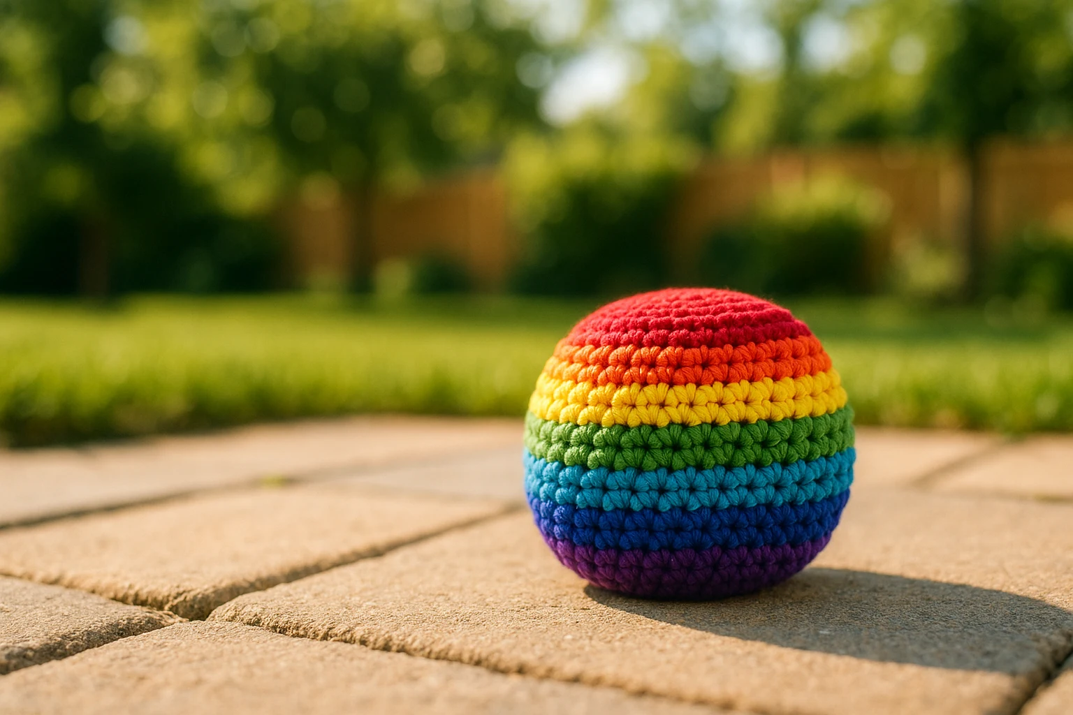A colorful woven hacky sack sitting on a sunny backyard patio