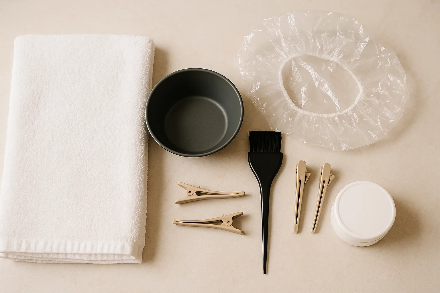 Plain hair color tools arranged on a bathroom counter with a towel, mixing bowl, tint brush, and clips