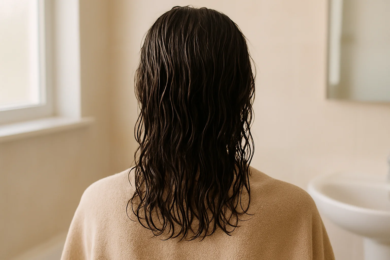 Woman seen from behind with damp hair over a towel in a warm softly lit bathroom