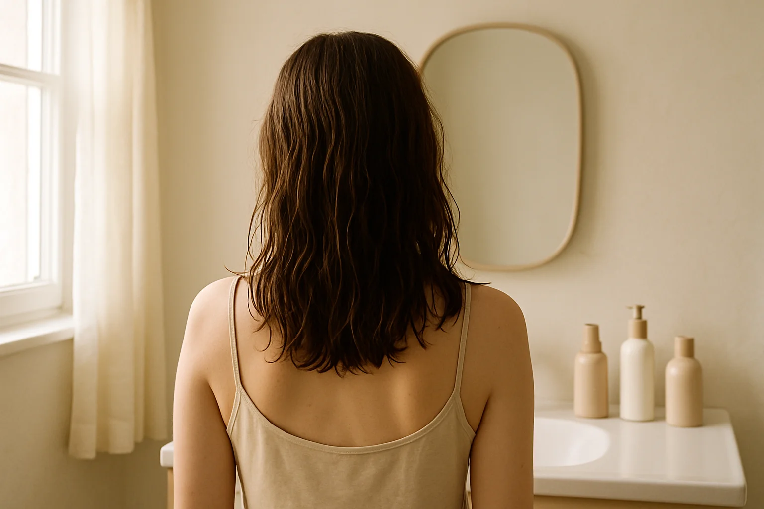 Woman seen from behind in a cozy bathroom with damp hair over her shoulders in soft natural light