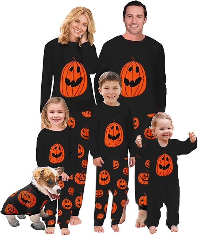 Family wearing matching Halloween pajamas with pumpkin designs