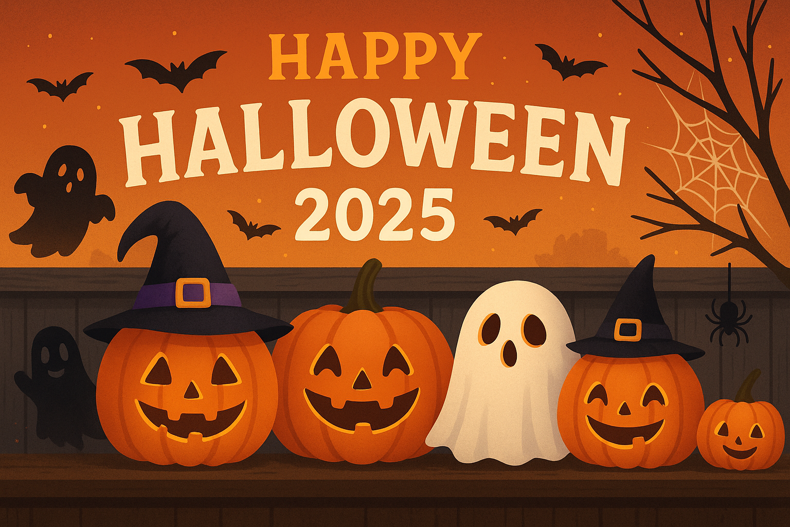 Happy Halloween 2025 banner with pumpkins and spooky decorations