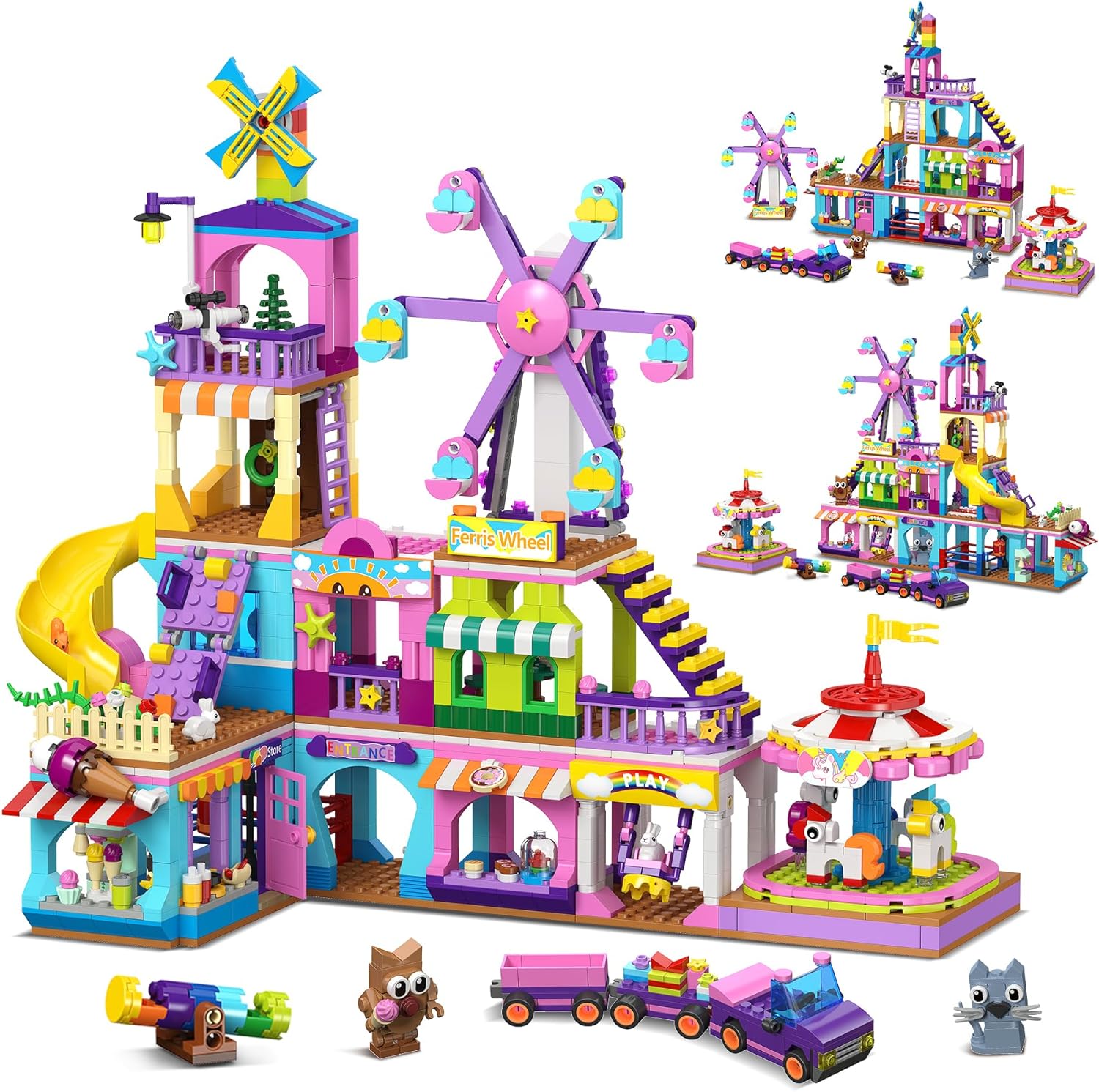 HOGOKIDS 3 Modes Girls Park Building Set with Ferris wheel, carousel, and animal figures for girls age 8-12