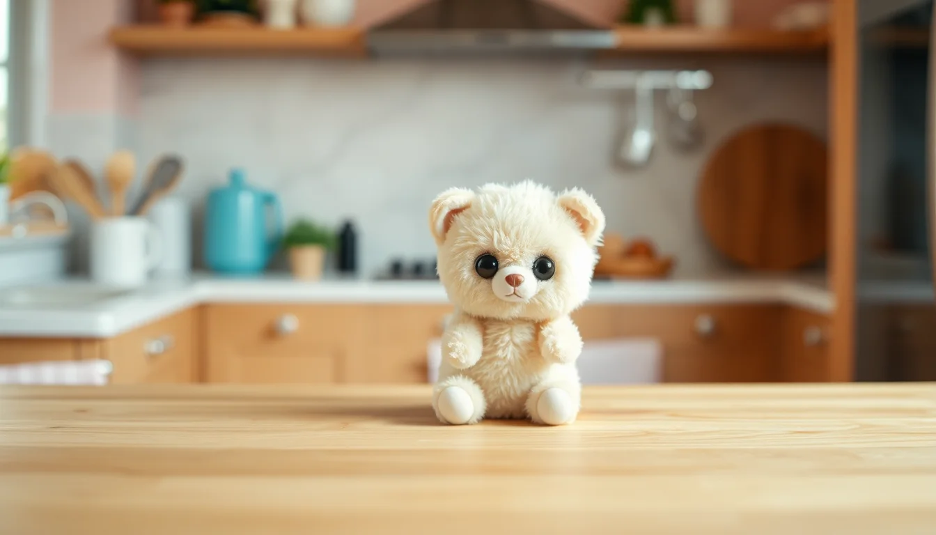 Small fluffy plush toy figurine sitting on a sunlit kitchen counter