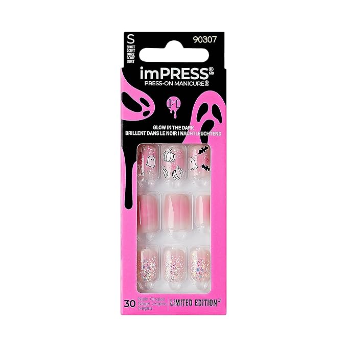 KISS imPRESS Halloween press-on nails short square pink Bad Bone design