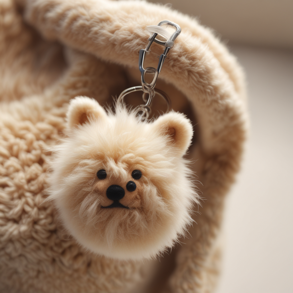 Fuzzy plush Labubu keychain clipped to bag