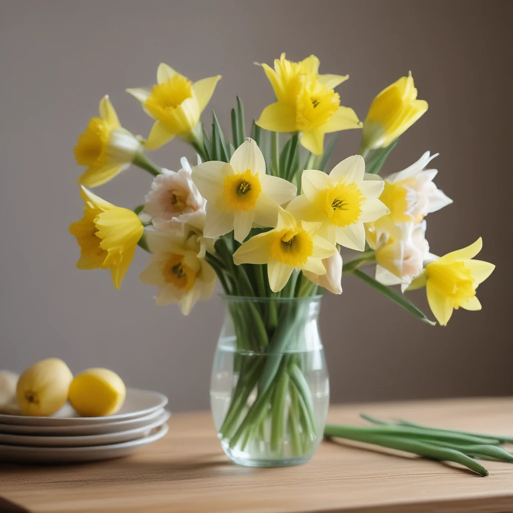 Spring daffodils and tulips in glass vase on wooden table