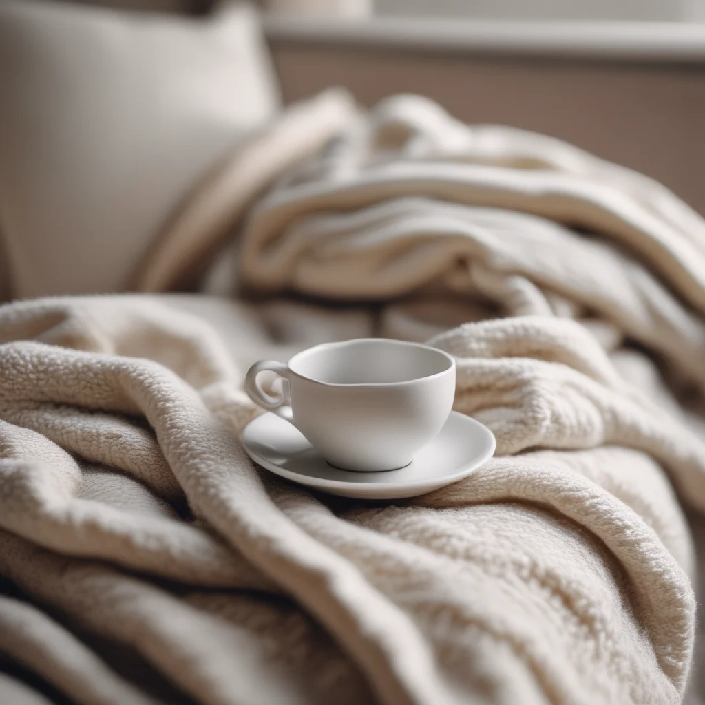 Tea cup on saucer with soft knit blanket on cozy armchair
