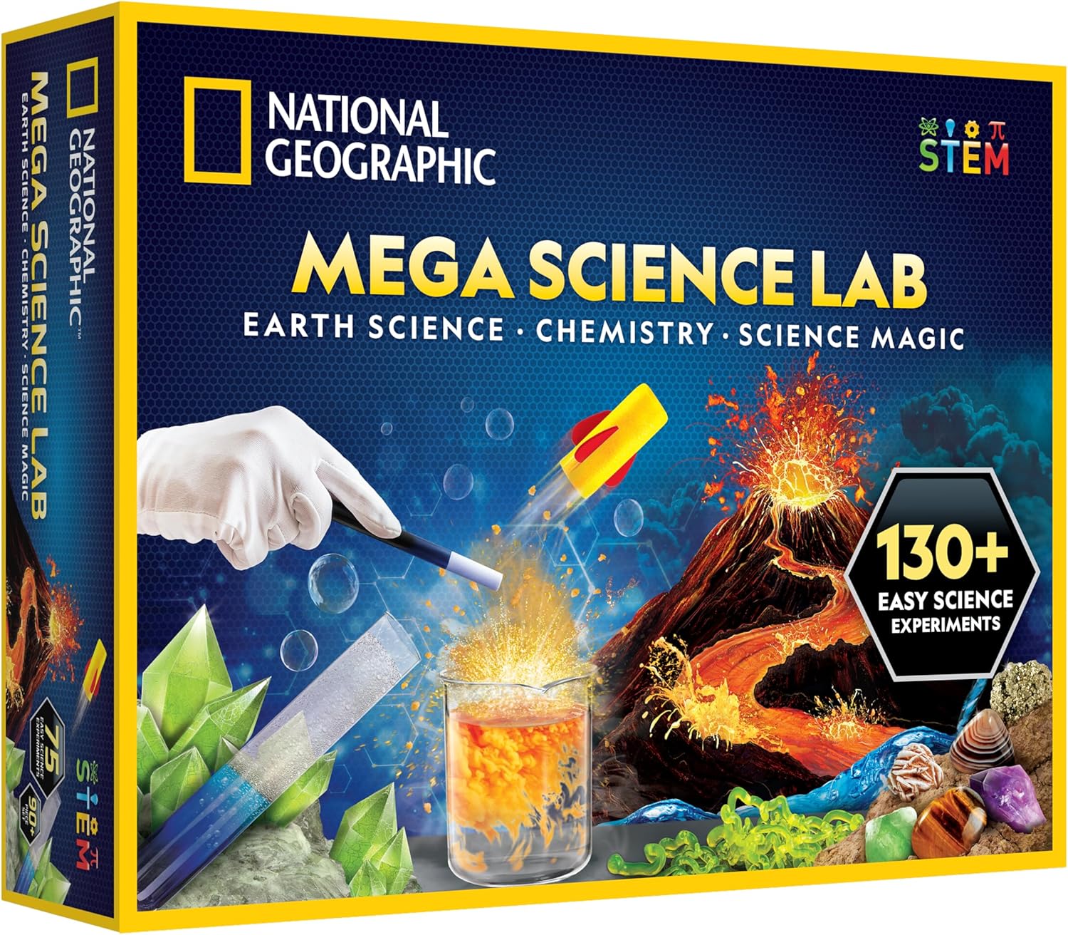National Geographic Mega Science Lab kit with 130 experiments for kids including volcano, crystals, chemistry reactions and magic STEM projects