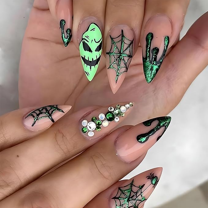 MABKJLF Halloween press-on nails spider-web design medium almond 24-piece set