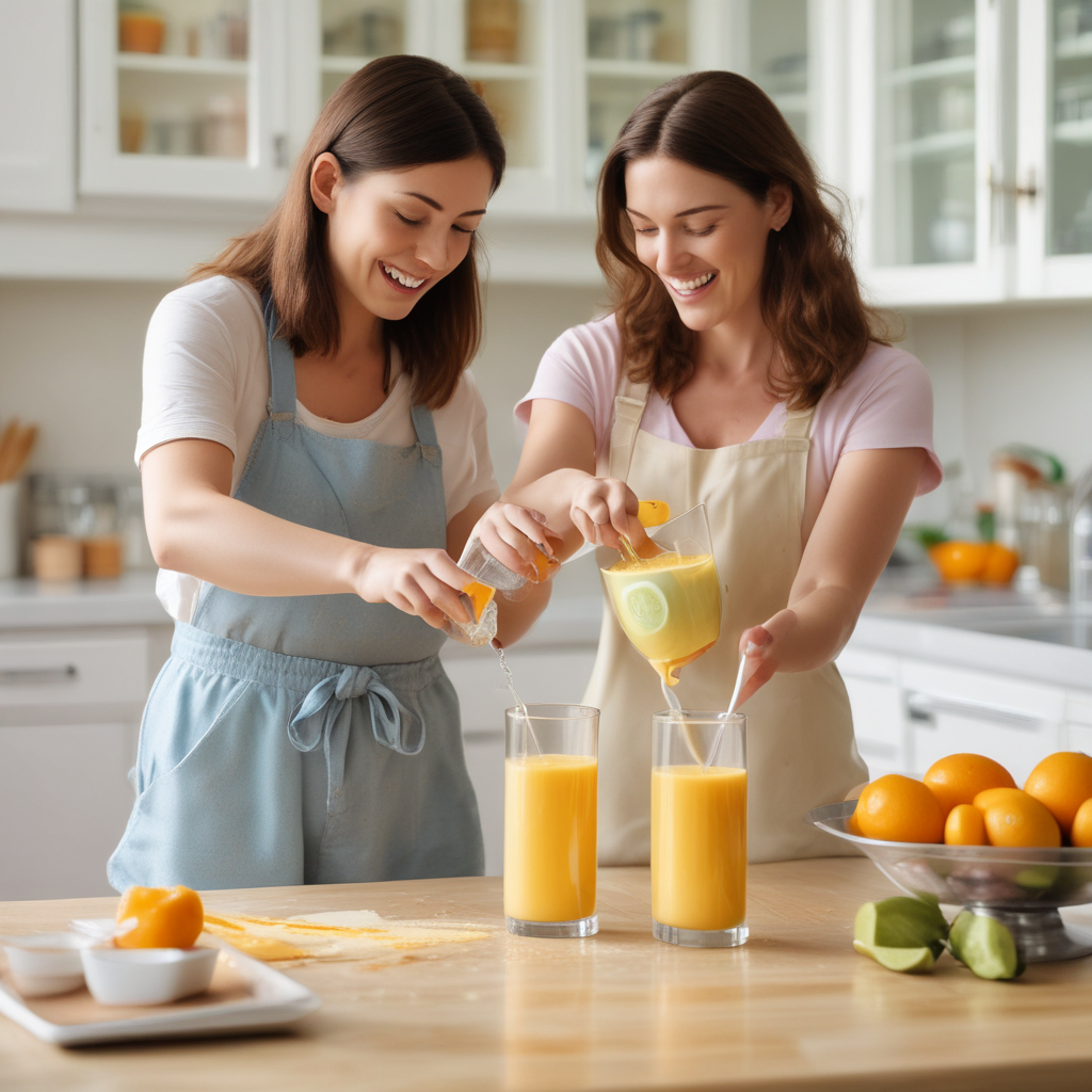 Mom and child pouring Orange Julius from blender into glasses
