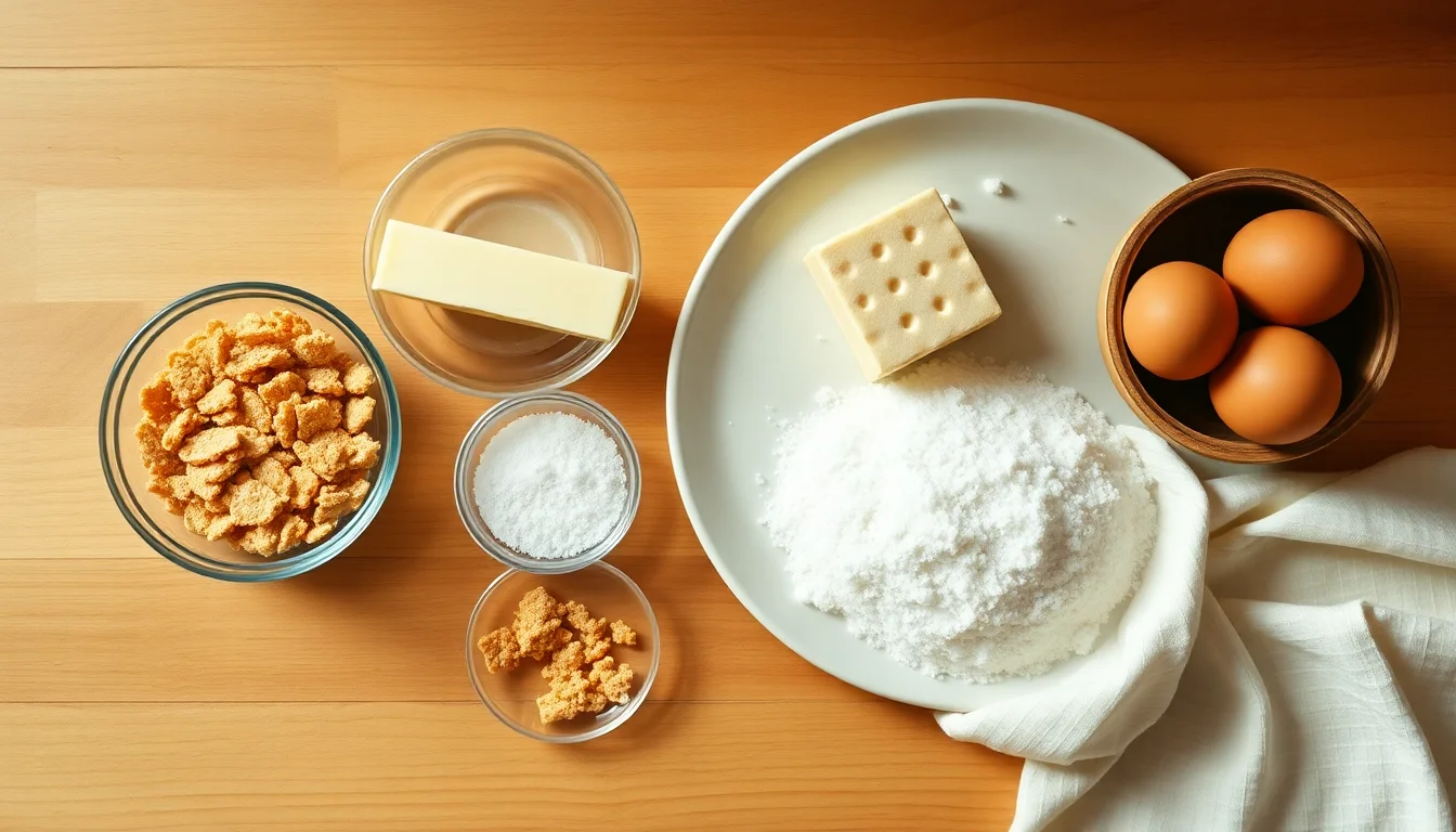 Overhead view of soft cream cheese blocks butter and graham crackers ready for cheesecake on a wooden counter