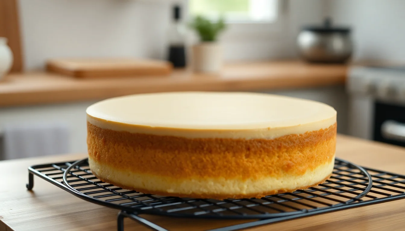 Whole baked cheesecake cooling on a wire rack in a soft warm home kitchen