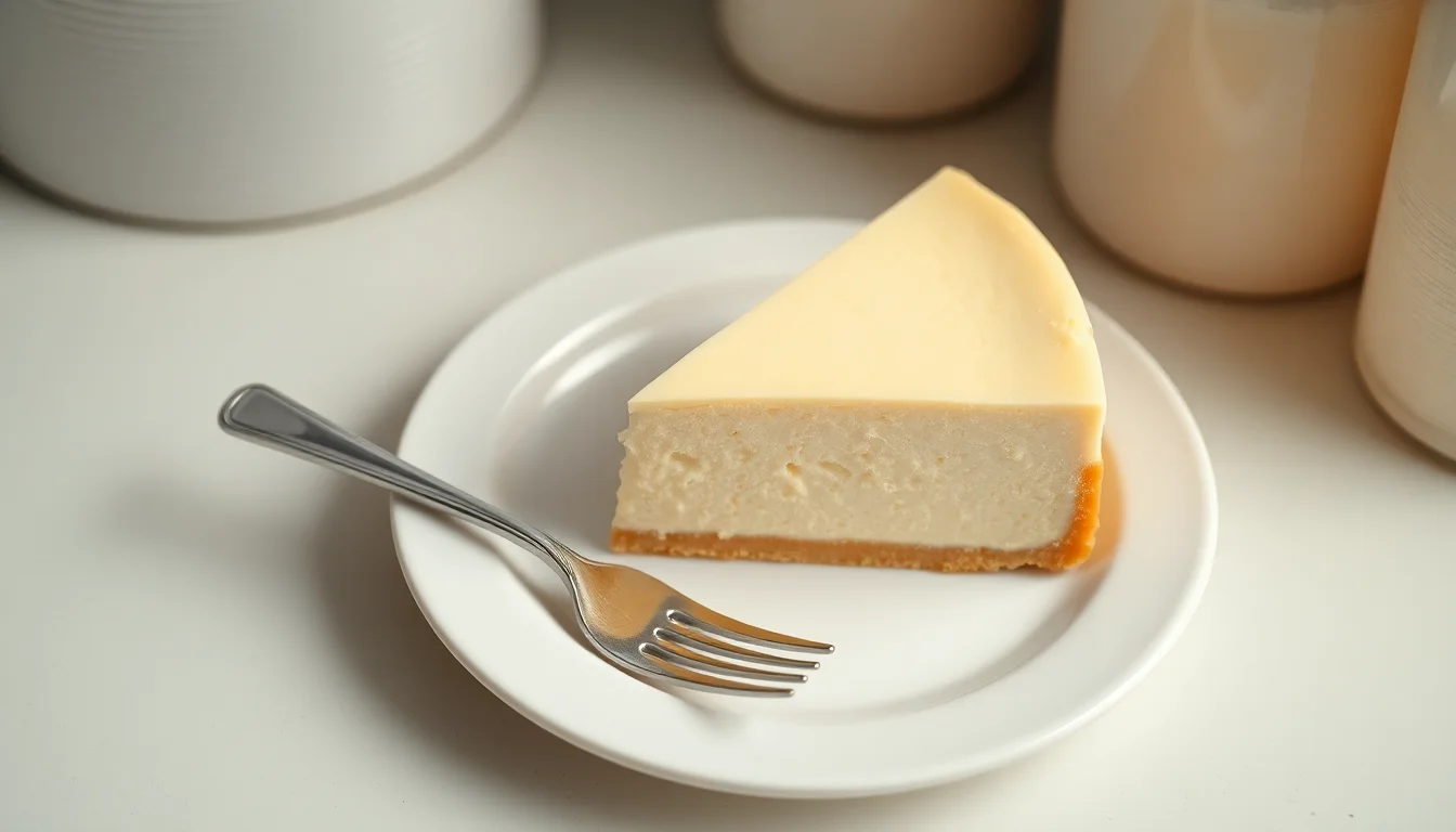 Slice of classic creamy cheesecake on a small white plate with a fork and a soft warm kitchen background