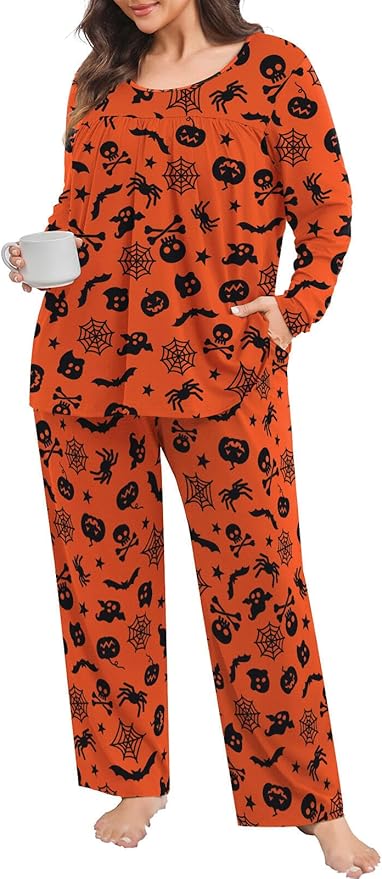 POSESHE plus size Halloween pajamas women's orange set with pockets