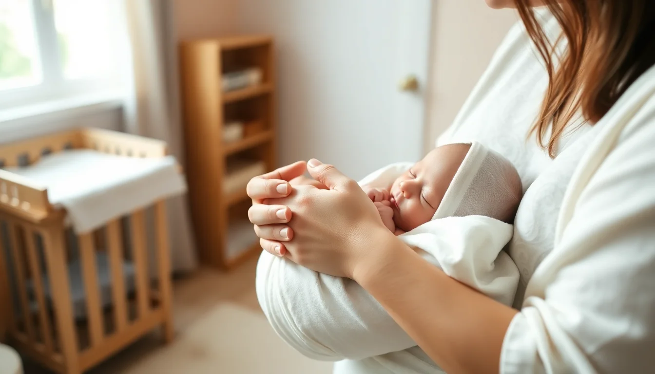 Postpartum doula helping new mom with baby swaddling technique in cozy nursery