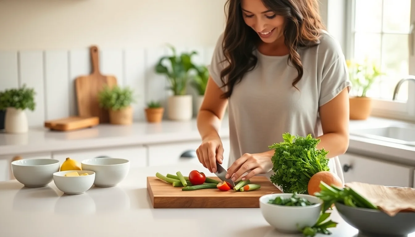 Postpartum doula preparing healthy meal in kitchen while new parents rest with baby