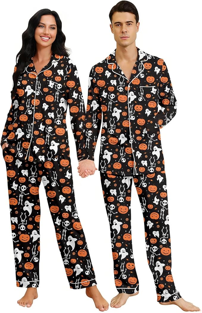 RAISEVERN couples Halloween pajamas button-down set with pumpkin design