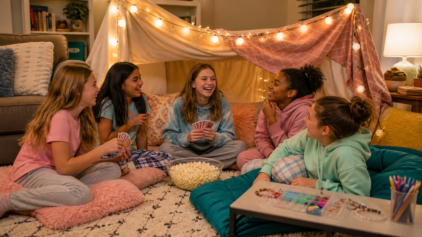 Preteen friends at a cozy sleepover with a blanket fort, cards, popcorn, crafts, pillows, and string lights